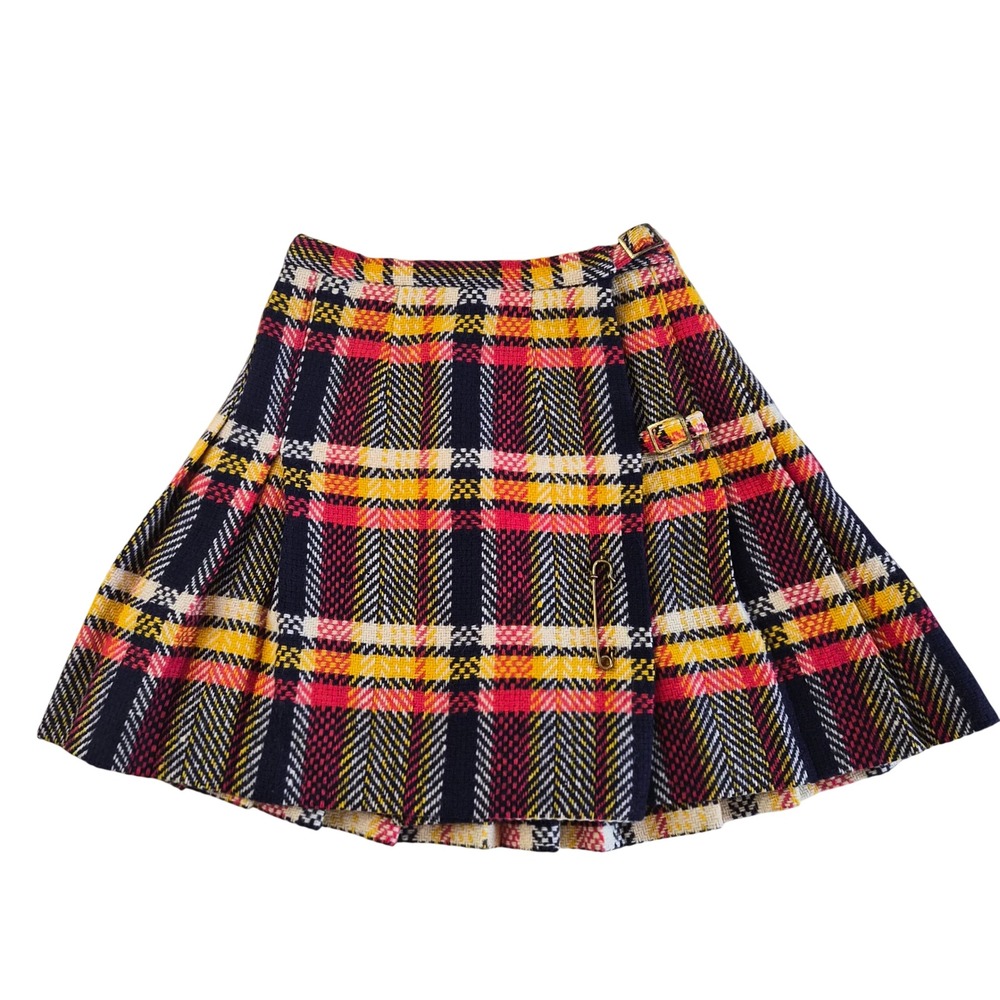 Garland Vtg Plaid Pleated Kilt Skirt Red Yellow Navy Wool Blend Mini Skirt XS